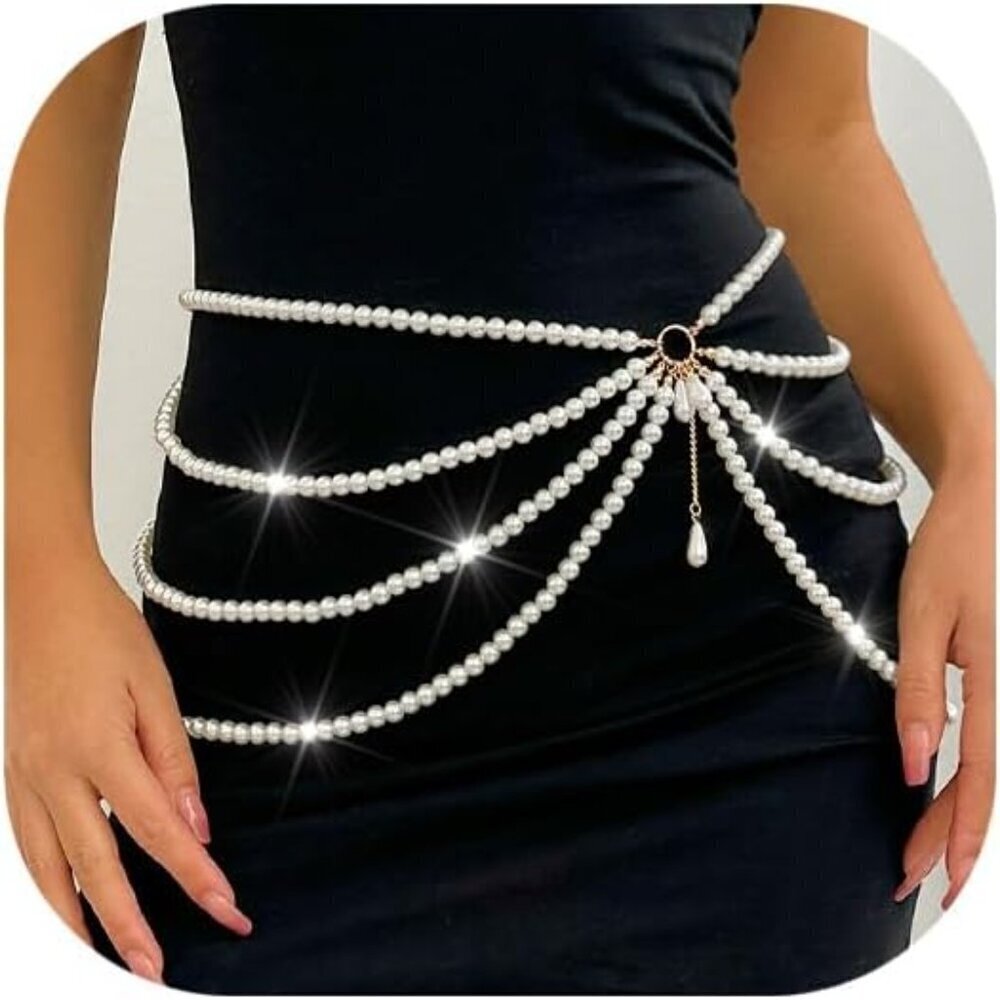 Pearl Waist Chain Multilayer Adjustable Beaded Belly Jewelry for Women
